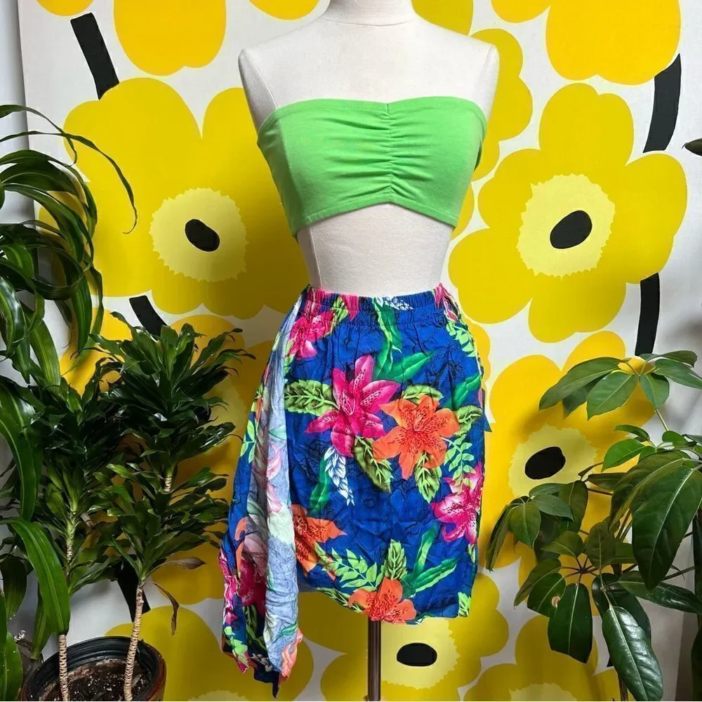Vintage 80s / 90s Neon Tropical Hawaiian Tiki 3 piece Beach Vacation Skirt Set
